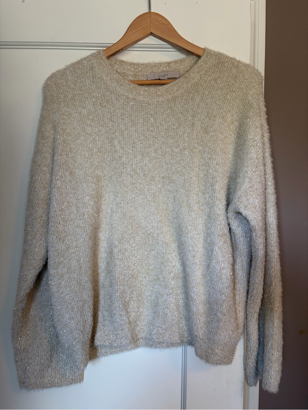 LOFT Cream Metallic Sparkle Crewneck Sweater